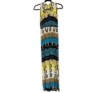 Peacock Stretchy V Neck Floor Length Maxi Dress Blue and Yellow Medium